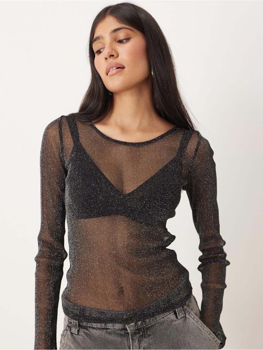 Sheer Sparkle Long-Sleeve Top - Black